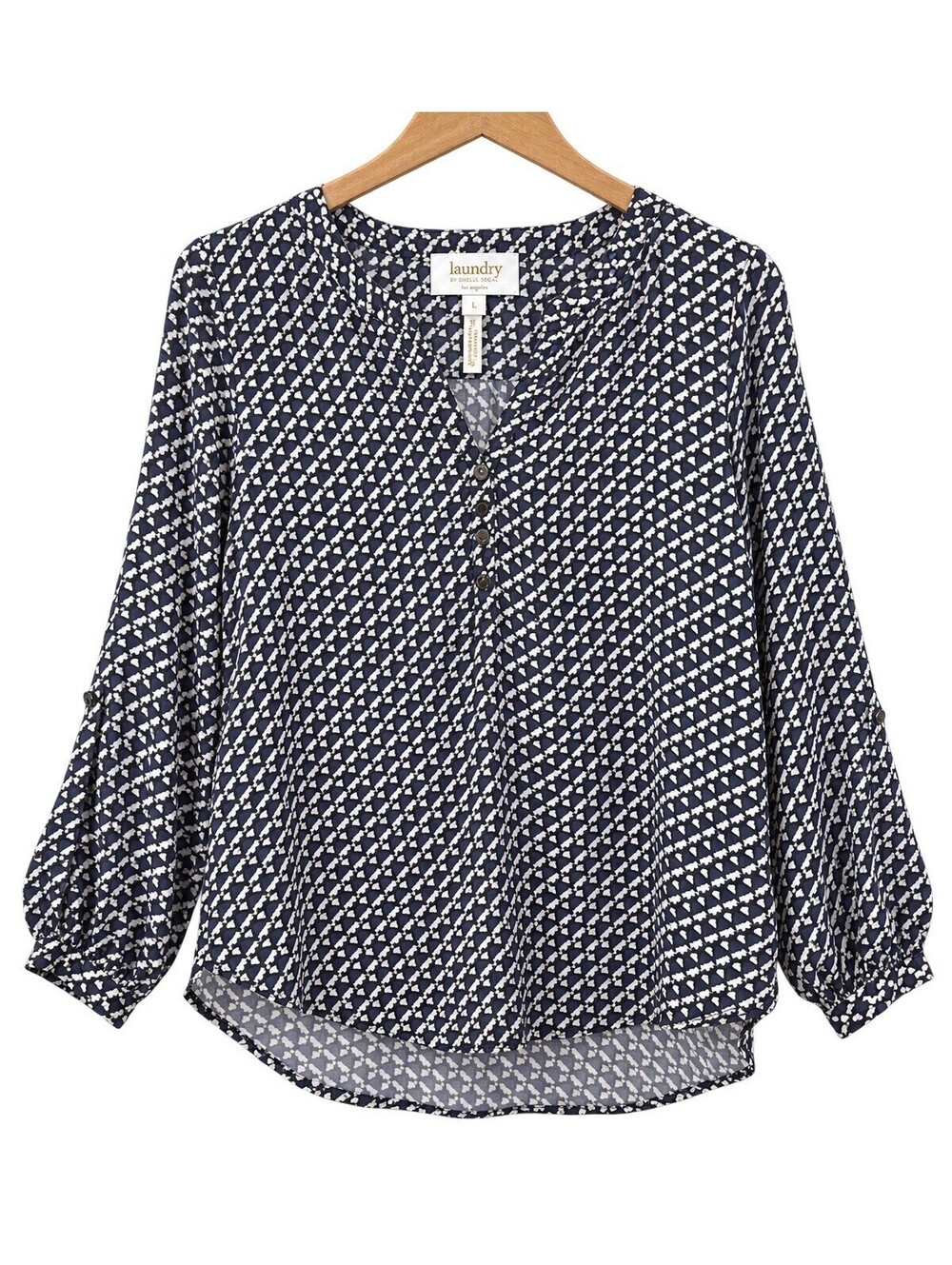 Laundry by Shelli Segal Blouse L Navy White Geometric Popover Roll Tab Sleeves